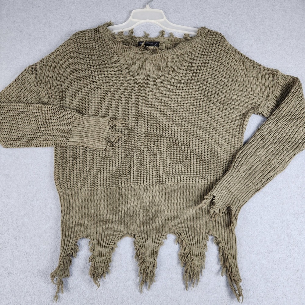 Say What? Sweater Womens Small Green Shredded Frayed Hem Grunge Knit Pullover